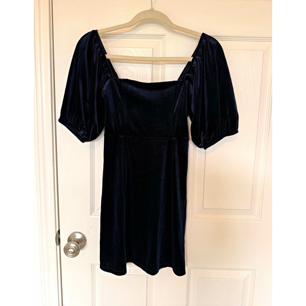 Xordinary Women's Dark Blue Velvet Square Neck Puff Sleeve Mini Dress XS